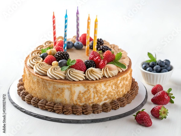 Fototapeta A delicious, freshly baked birthday cake with elegant toppings, perfectly isolated on a white background for food photography.