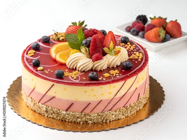 Obraz A delicious, freshly baked birthday cake with elegant toppings, perfectly isolated on a white background for food photography.