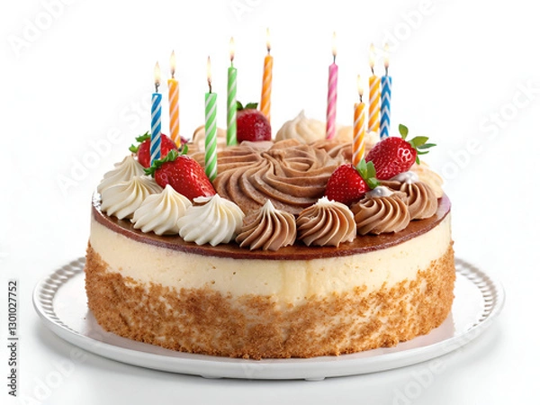 Obraz A delicious, freshly baked birthday cake with elegant toppings, perfectly isolated on a white background for food photography.