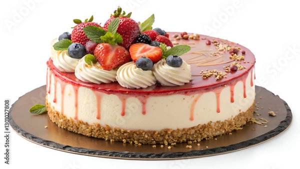 Obraz A delicious, freshly baked birthday cake with elegant toppings, perfectly isolated on a white background for food photography.