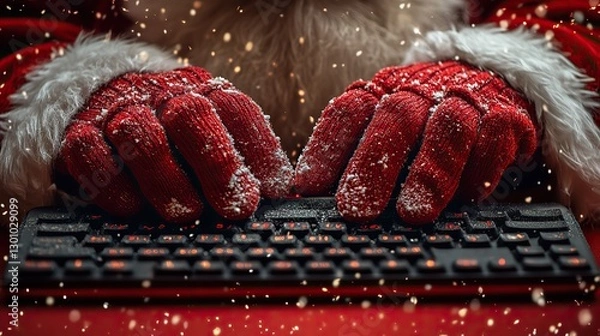 Obraz Santa Claus's hands type on a wireless keyboard, symbolizing modern technology at Christmas.