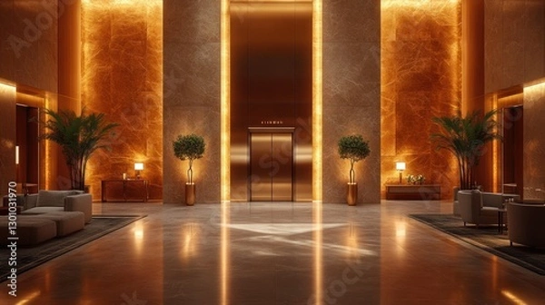 Fototapeta Luxurious hotel lobby with elevator, plants, and modern furniture