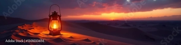 Fototapeta Desert lantern casts warm glow on sandy dunes at dusk, warm, lantern