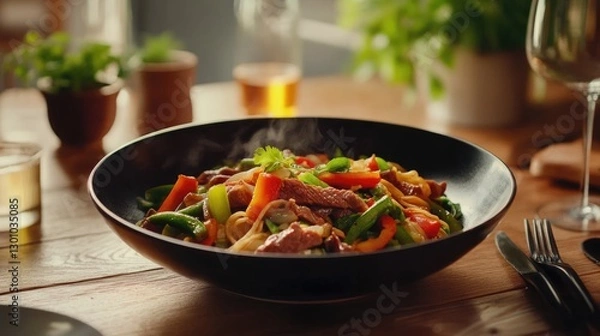 Obraz Asian style stir fried vegetables, roast beef and chow mein noodles on wooden table