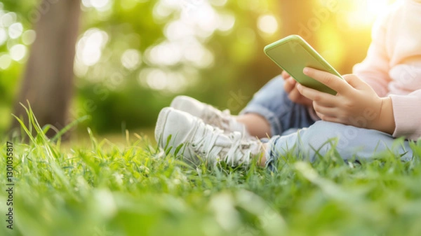 Fototapeta child sitting on green grass, using smartphone in sunny park. scene conveys sense of relaxation and engagement with technology in nature
