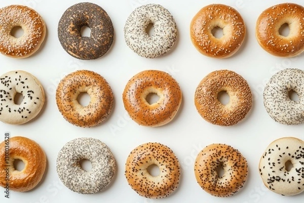 Obraz Golden bagels pattern on white background. AI generated