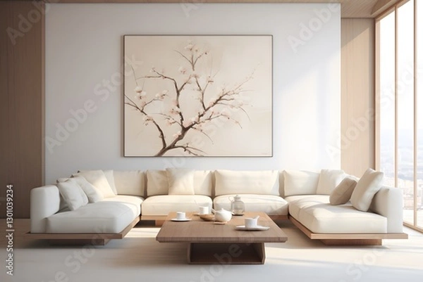 Obraz Empty room with sofa and a picture frame. simple living room in white color on a white floor