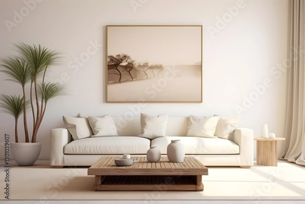 Obraz Empty room with sofa and a picture frame. simple living room in white color on a white floor