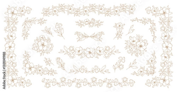 Fototapeta Luxury floral set line art frame, border, corner. Elegant bouquet of flowers, branches, leaves. Vector illustration with botanical decorative elements for greeting card, wedding decor