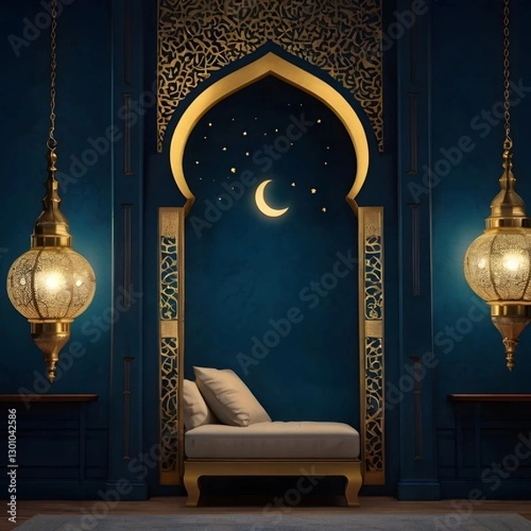 Obraz Islamic blue blank minimalist wallpaper, crescent big size in the middle, shining in gold , Ramadan the holy month, warm ambience, blessing
