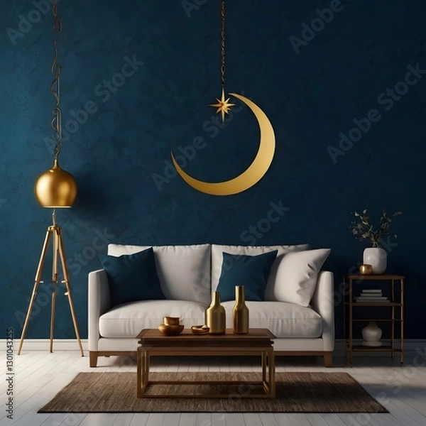 Obraz Islamic blue blank minimalist wallpaper, crescent big size in the middle, shining in gold , Ramadan the holy month, warm ambience, blessing