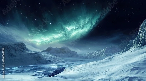 Obraz Frozen alien landscape featuring icy peaks and a vibrant aurora in green hues. A mysterious planet hovers in the starry night sky surreal otherworldly scene of cosmic beauty isolation. Generative AI