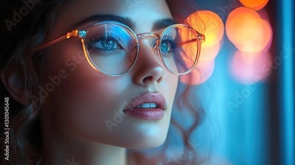 Obraz Side profile of stylish woman with glasses in colorful neon lights.