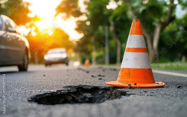 Fototapeta Orange and white traffic cone for street accident safety. Traffic cone beside a pothole on a road, illuminated by a sunset, indicating a repair or warning area for motorists.