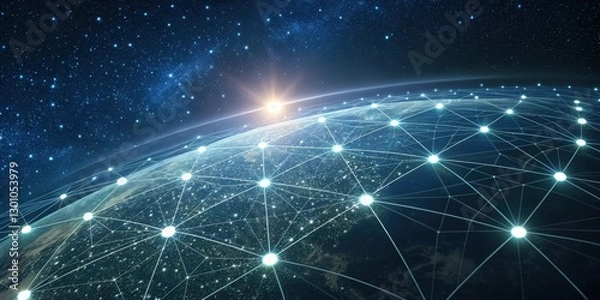 Fototapeta a digital network with illuminated connections covering a globe against a starry space background