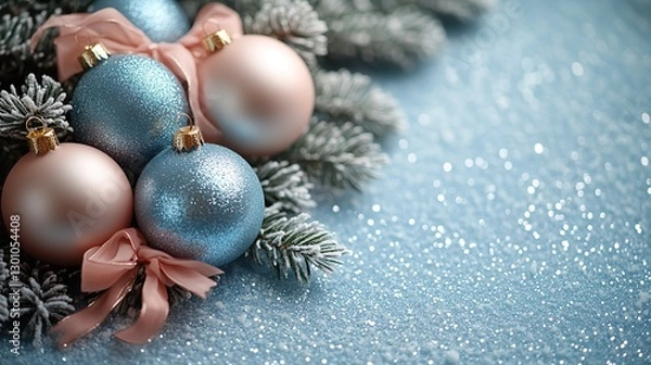 Obraz Sophisticated seasonal surprises with glittering ornaments in baby blue and ribbons in soft pink. This top view is set against a pastel blue backdrop with frosty fir twigs.