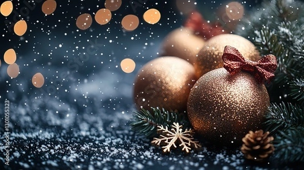 Obraz Sparkling holiday charm is captured in this top view of gold balls adorned with snowflakes and festive bows. Sprigs of evergreen and a dusting of snow create a magical scene against a muted backdrop.