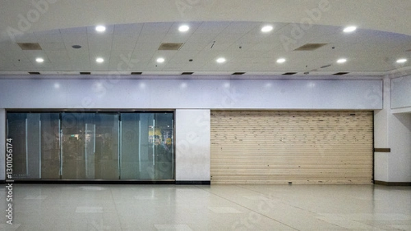 Fototapeta A shop that has closed down and is shuttered up in a shopping mall depicting the downturn in the British economy.