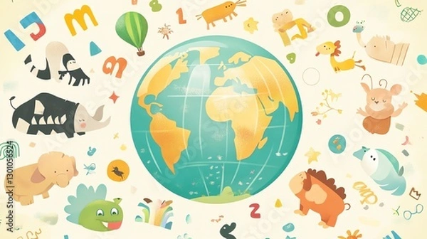 Fototapeta Colorful world map with cute animal illustrations.