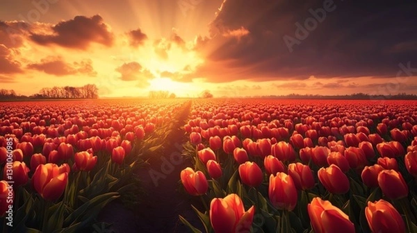 Obraz Vibrant tulip field at sunset with dramatic skies.