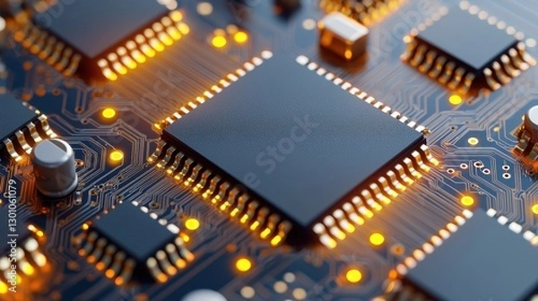 Fototapeta Semiconductor circuit board with microchips Concept, Reflective Microchips Mounted on Circuit Board with Glowing Lights and Intricate Connections