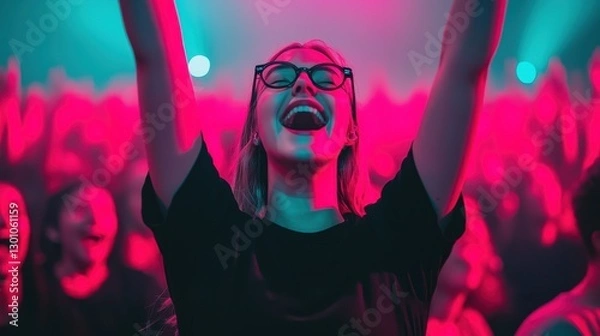 Fototapeta Music Festival Crowd concert vibe concept. A joyful concert-goer celebrates with raised arms, surrounded by a vibrant crowd and colorful lighting, capturing the excitement of live music.