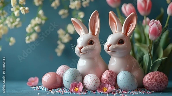 Fototapeta Springtime splendor Ceramic bunnies, tulips, sprinkles, and eggs on pastel blue capture the essence of Easter.