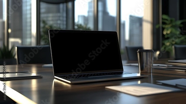 Fototapeta Modern Office Workspace with Laptop and Plants, A modern office workspace featuring a laptop on a wooden table surrounded by plants