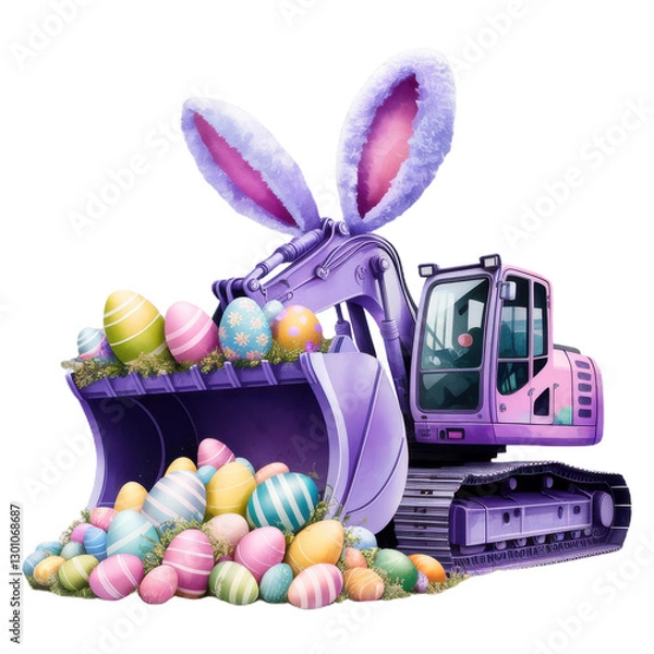 Obraz Festive purple Easter excavator with bunny ears and a bucket full of colorful eggs, perfect for holiday-themed designs and construction enthusiasts.