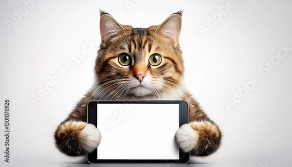 Fototapeta a cat is holding a tablet with a white screen