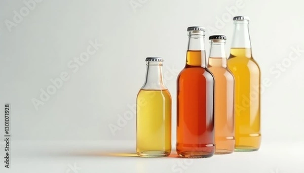 Fototapeta Glass bottles stacked neatly on a plain white surface, bottles, clean, minimalism