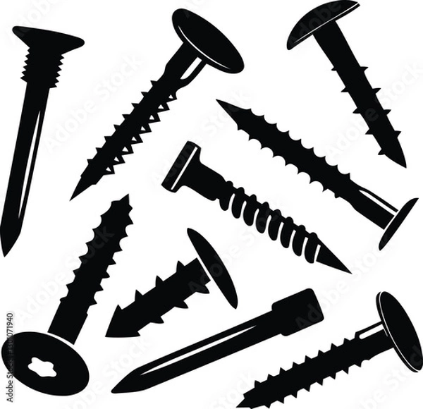 Fototapeta Black color various screws vector with transparent background, various screws silhouette vector, various screws line art vector illustration set