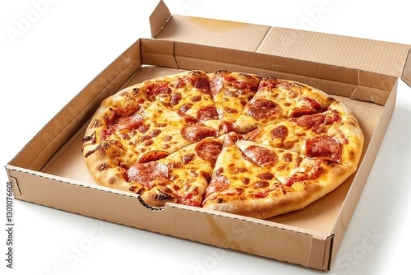 Obraz A delicious pepperoni pizza in a classic brown pizza box, ready to be enjoyed.