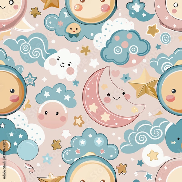 Fototapeta Celestial Dreamscape: A delightful pattern features cheerful suns, moon, clouds, and stars, designed to evoke a sense of wonder and tranquility.