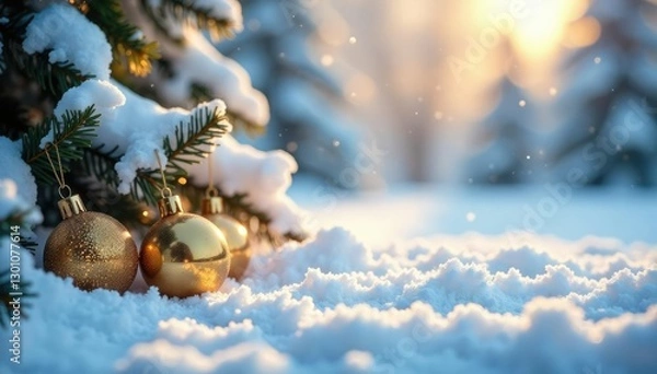 Fototapeta Snowy winter landscape with sparkling golden ornaments, winter, sparkle