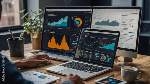 Fototapeta Advanced multi-screen workstation with analytics data