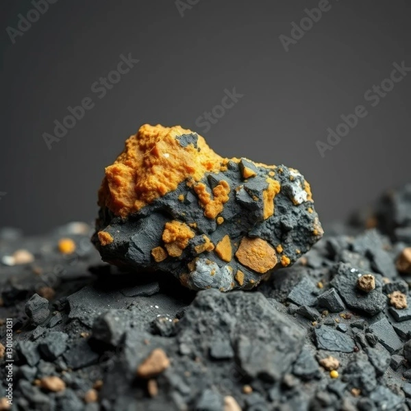 Fototapeta Blende and galena minerals on a rocky surface with gray background, landscape, sulfide, rock