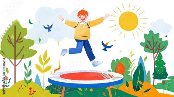 Fototapeta Boy jumping on trampoline in sunny park colorful illustration cheerful environment joyful view