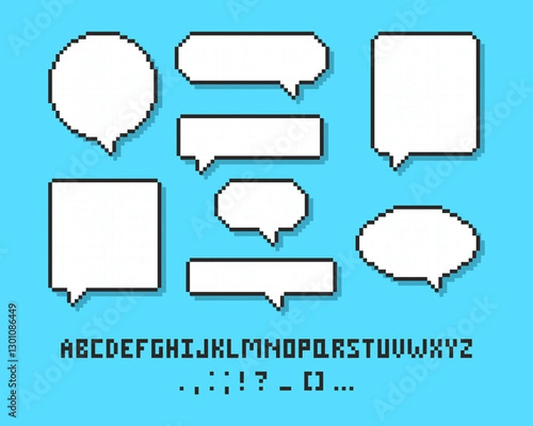 Fototapeta Empty pixelated speech bubble with alphabet, 8 bit cloud for text. Pixel speech bubble, 8 bit geometric texting dialogue box.