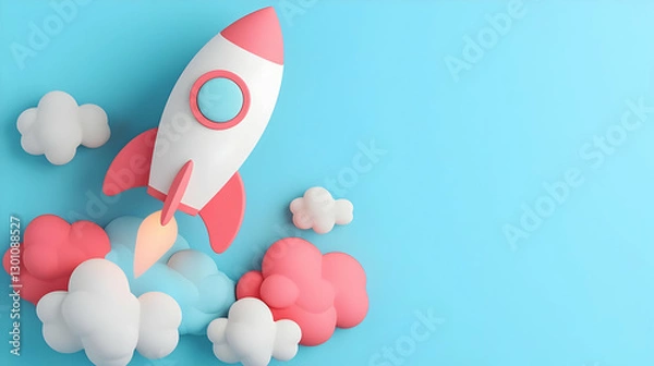 Fototapeta Colorful 3D Rocket with Clouds on a Bright Blue Background