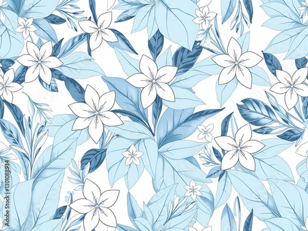 Fototapeta Seamless AI Floral and Leaf Pattern in Blue Tones