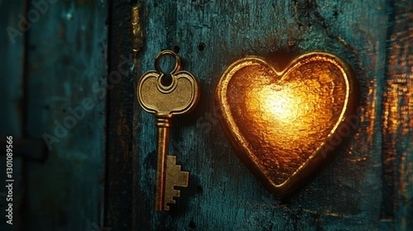 Fototapeta Golden key hanging by a heart-shaped symbol on an ornate door showcasing intricate textures and colors