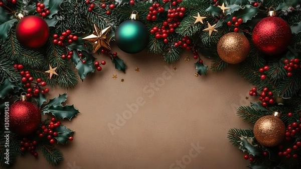 Obraz Top view photo of red and green baubles, balls, gold star ornaments, mistletoe berries, confetti, and pine branches in frost on isolated beige background with blank space. New year concept.