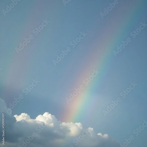 Fototapeta Partial rainbow, peeking through thick grey clouds , bright, cloud break, light rays