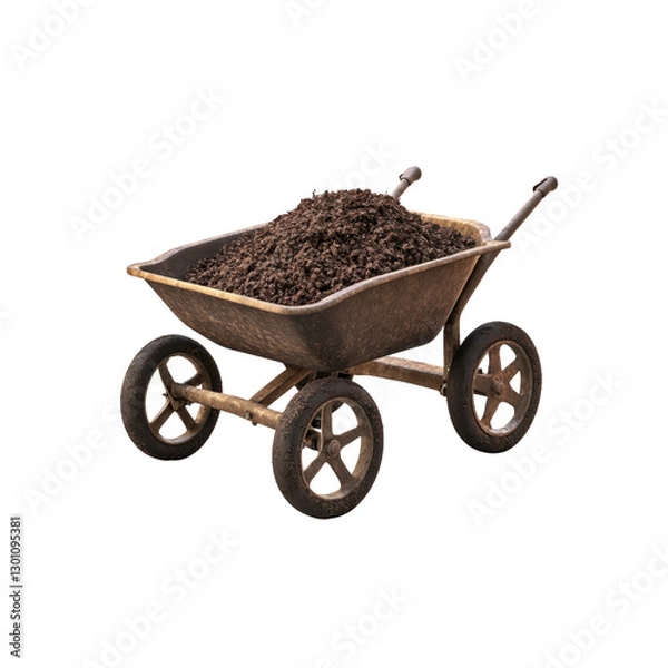 Fototapeta A wheelbarrow filled with rich dark soil sits ready for use in a garden, perfect for planting flowers and vegetables in the spring