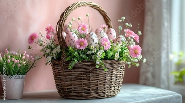 Fototapeta Traditional wicker basket with embellished quail eggs arranged on a light pink stucco base, perfect for Easter or spring.