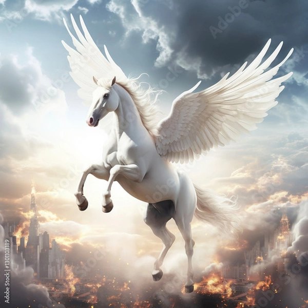 Obraz A breathtaking digital artwork of a white Pegasus with powerful wings soaring above a burning city. The dramatic lighting, mystical atmosphere