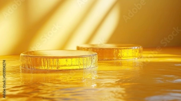 Fototapeta Two empty glass circle podiums on yellow water create an abstract background for product presentation.