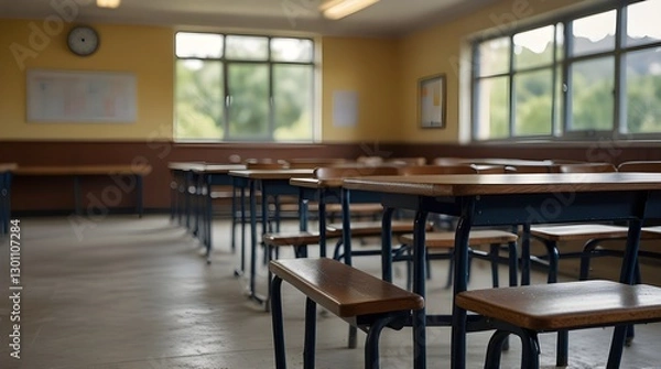Fototapeta Elegant blurred background of a bright and open study room with large windows and soft lighting, creating a calm atmosphere. Blurred empty school background. generative.ai