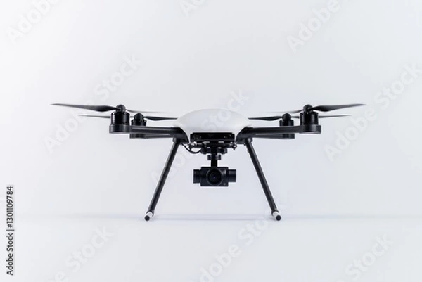 Fototapeta solitary drone with advanced propellers and camera system positioned on pristine white background
